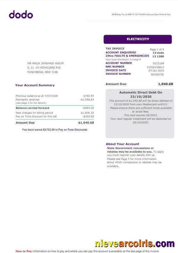 AUSTRALIA NEW SOUTH WALES DODO utility bill